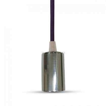 Chrome Metal Cylinder-Cup Pendant Light E27 with Purple Cabel