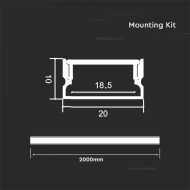 LED Strip Mounting Kit With Diffuser Aluminum 2000 x 20 x 10mm Silver Body