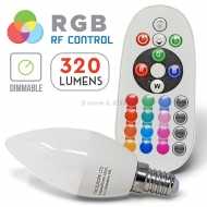 RGBW lamp, in candle shape with E14 socket, dimmable and color control via RF remote control, 3.5W, Replaces 30W, RGB + cold white - 6400 Kelvin, 320lm, 200 ° beam angle